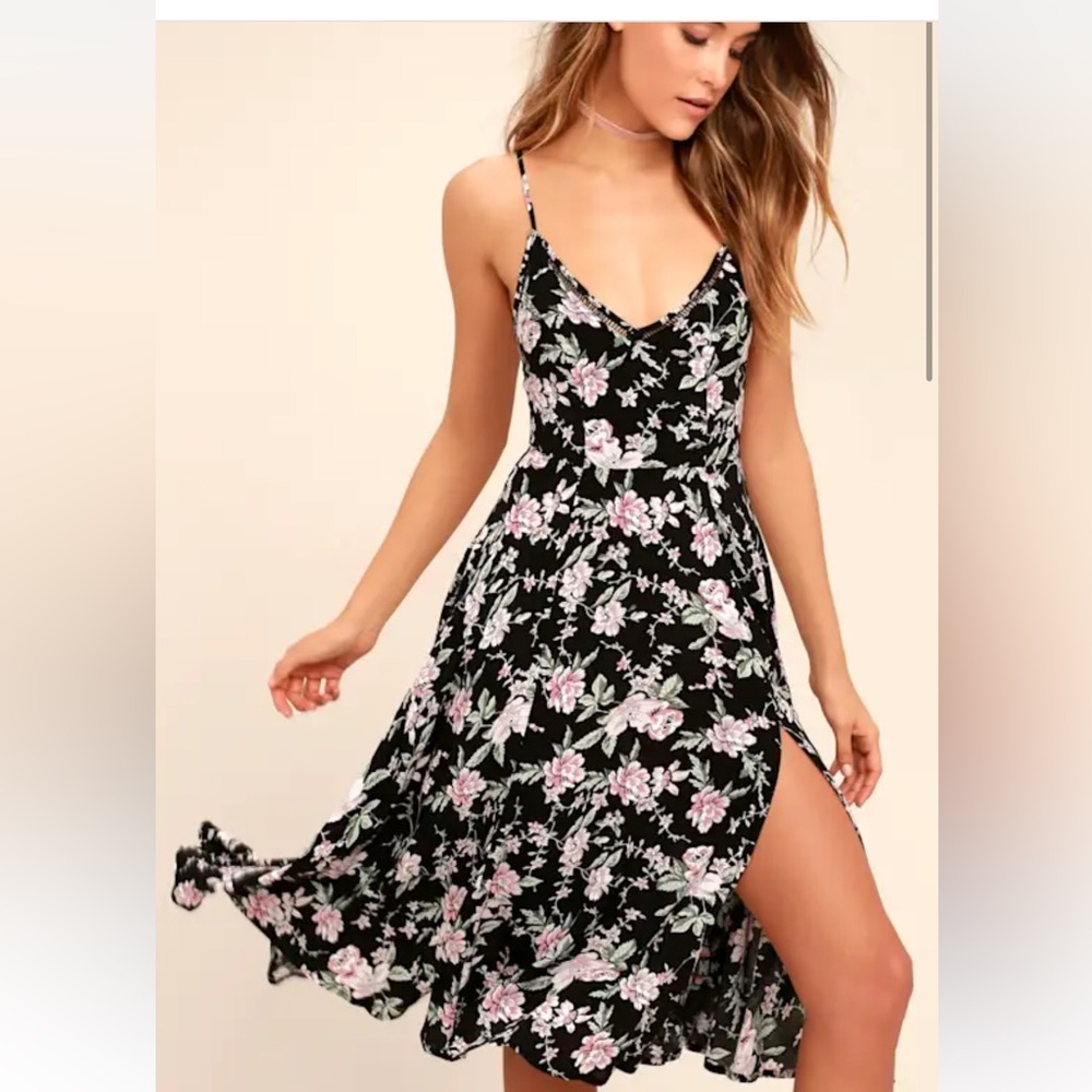 Lulu's Black and Pink Floral High Low Dress